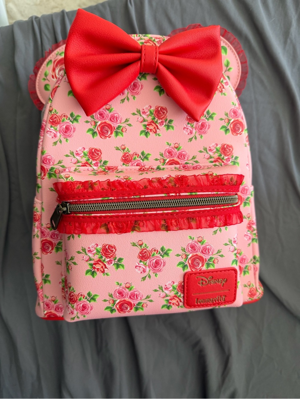 Disney Pink Floral Loungefly Backpack with Red Bow
